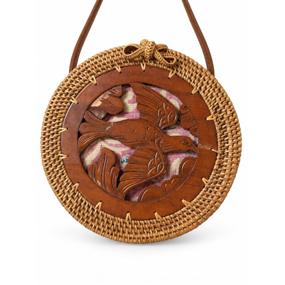 Round Rattan Crossbody Bag Carved Wood Bird Medallion Boho Straw Purse Pink